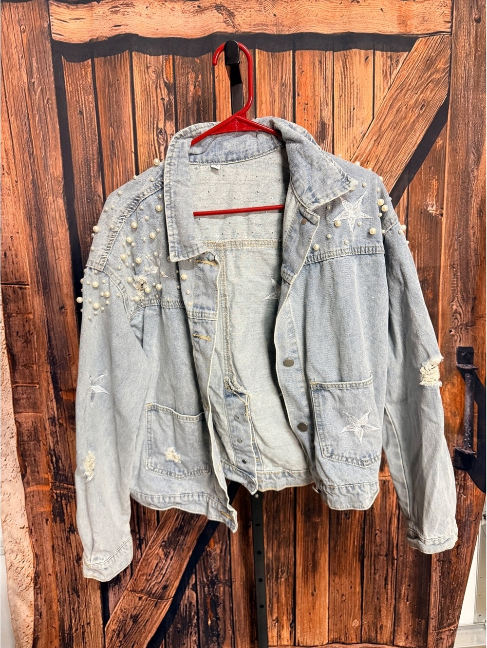 Light Wash Denim Jacket with Pearl and Star Embellishments, Size XL